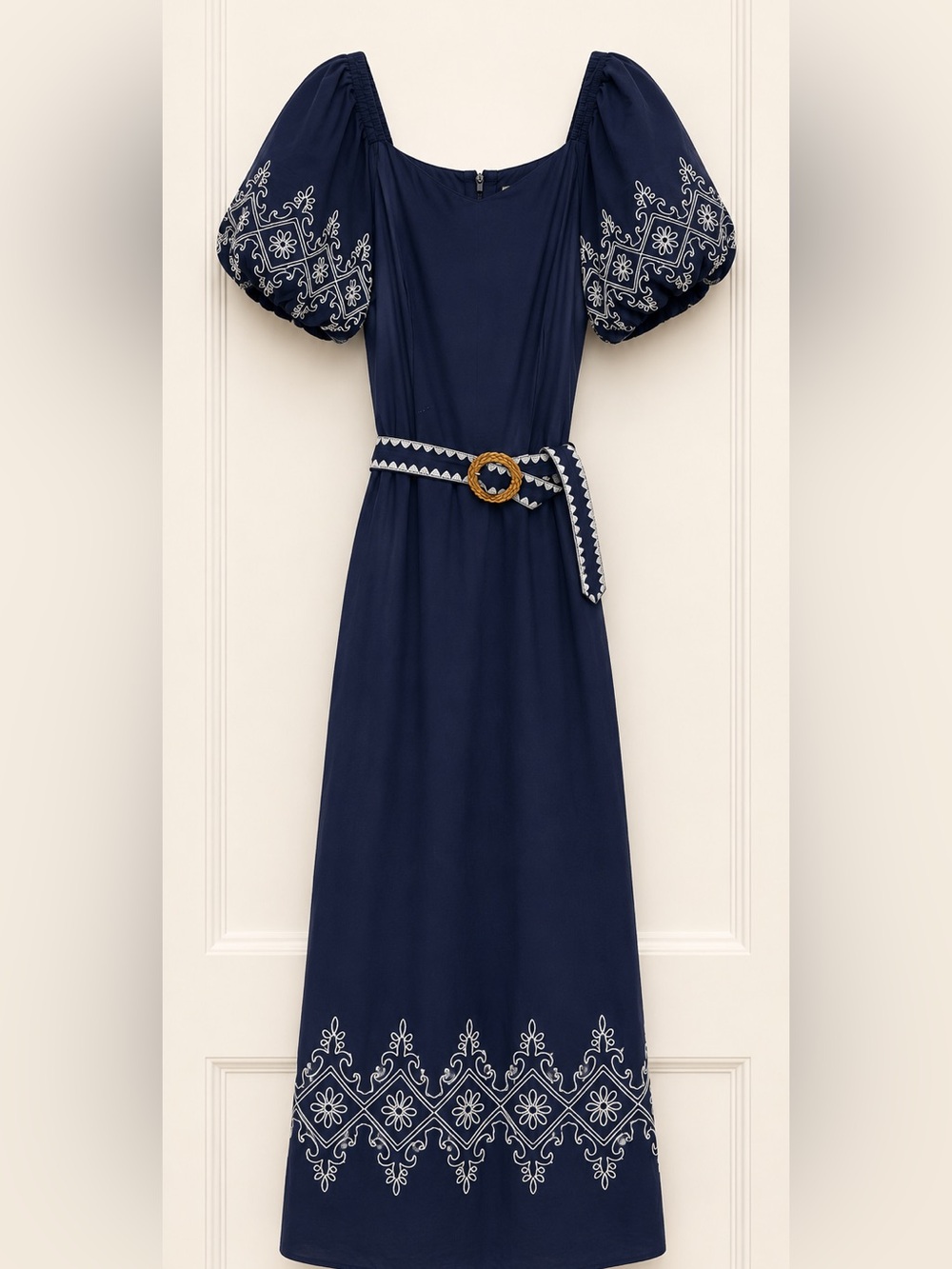 Embroidered Anna Cate Navy Maxi Dress with Contrast Belt